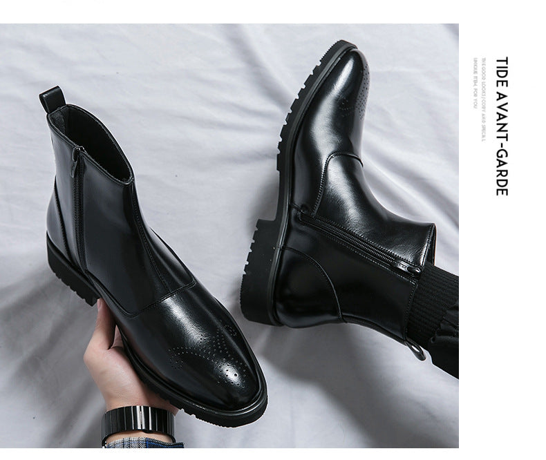 Young Men's Business Zipper Slip-on Solid Color Pointed Leather Boots