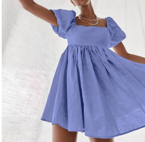 Square Neck Puff Sleeve Small A-Line Skirt