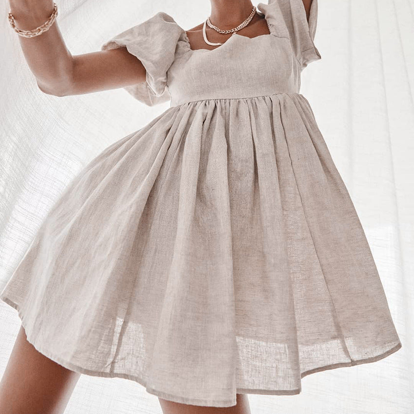 Square Neck Puff Sleeve Small A-Line Skirt