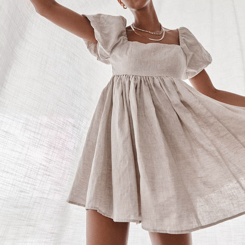Square Neck Puff Sleeve Small A-Line Skirt