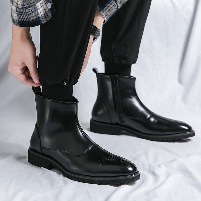 Young Men's Business Zipper Slip-on Solid Color Pointed Leather Boots