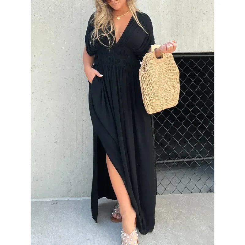 Fashion Bat-sleeved V-neck Slit Dress with Waist