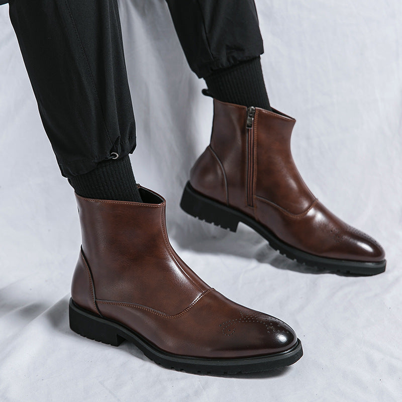 Young Men's Business Zipper Slip-on Solid Color Pointed Leather Boots