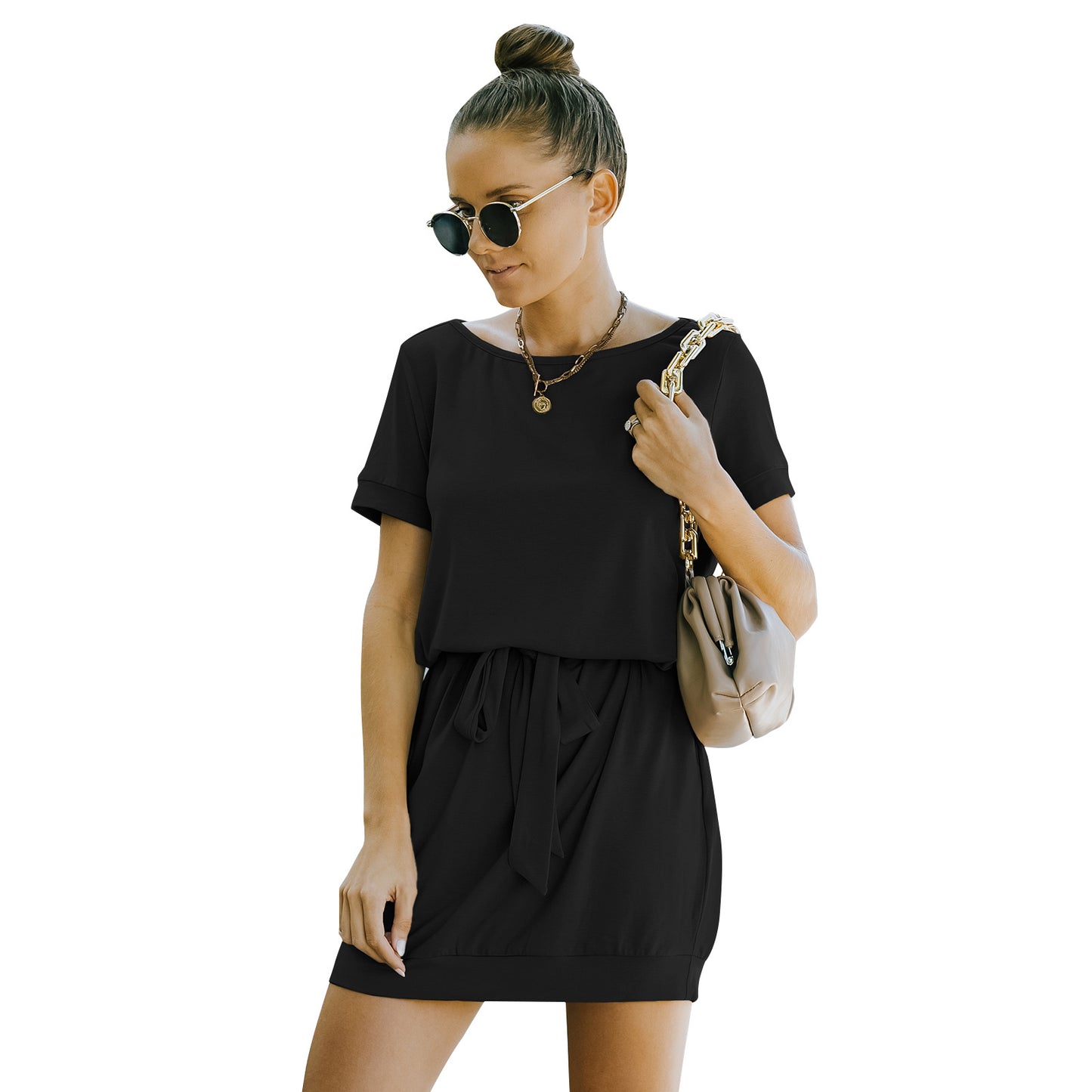 European And American Solid Color Lace-up Dress Package Hip Skirt