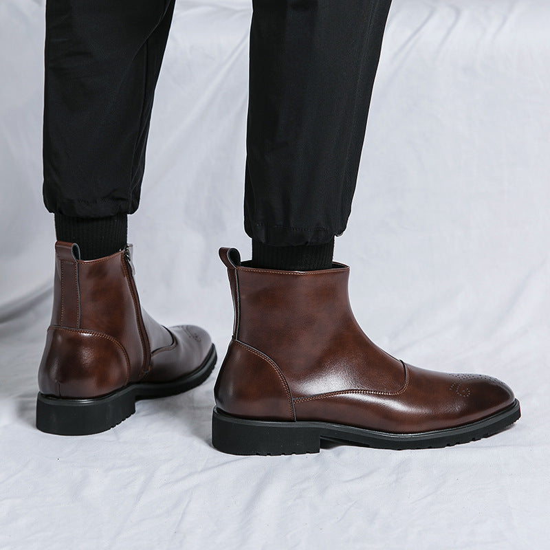 Young Men's Business Zipper Slip-on Solid Color Pointed Leather Boots