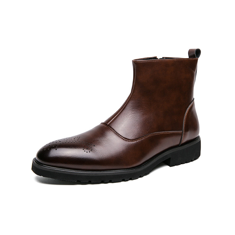 Young Men's Business Zipper Slip-on Solid Color Pointed Leather Boots