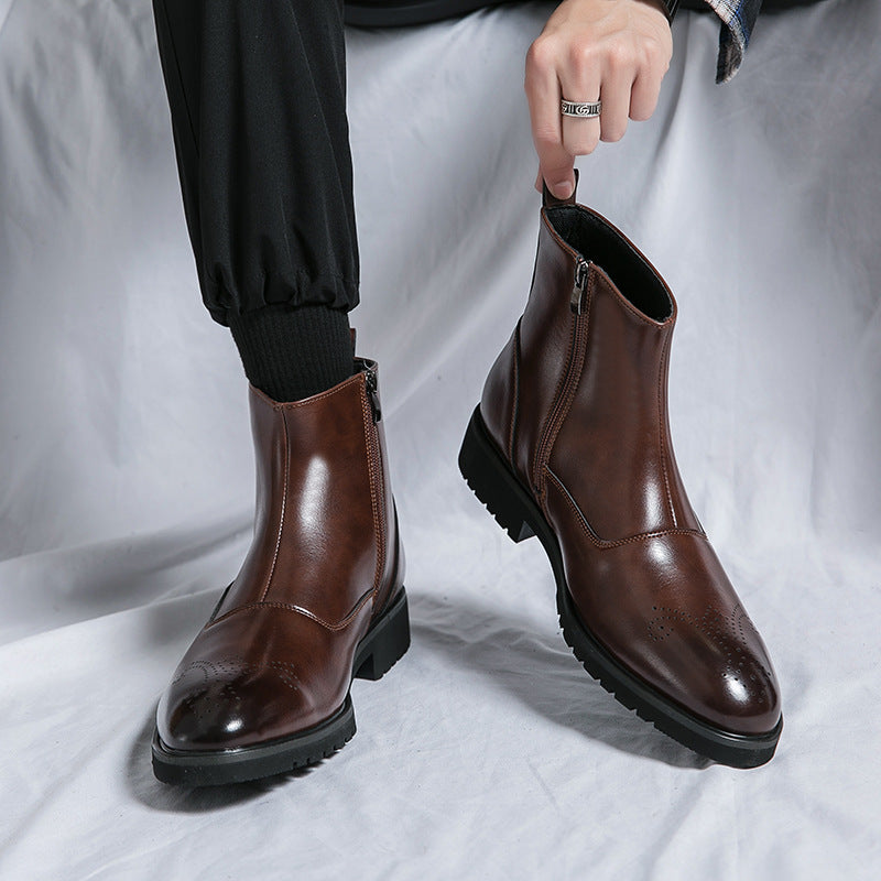 Young Men's Business Zipper Slip-on Solid Color Pointed Leather Boots