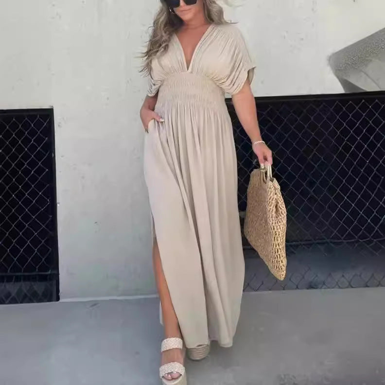 Fashion Bat-sleeved V-neck Slit Dress with Waist