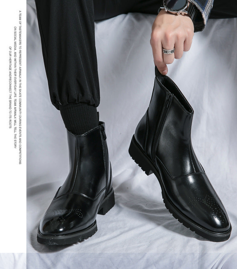 Young Men's Business Zipper Slip-on Solid Color Pointed Leather Boots