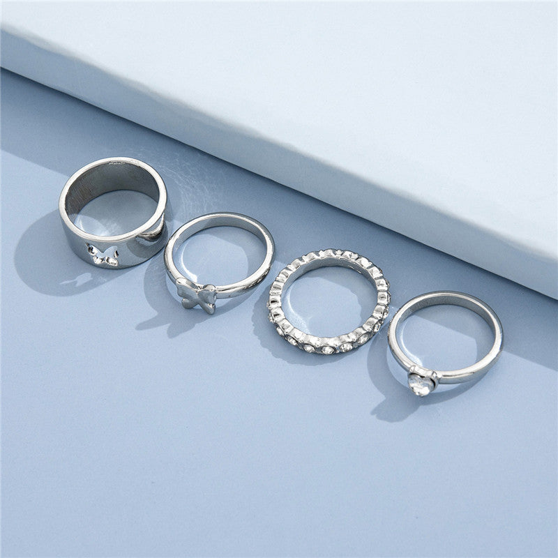 Conjunto de quatro peças anel feminino com strass e borboleta vazada Love Joint Ring