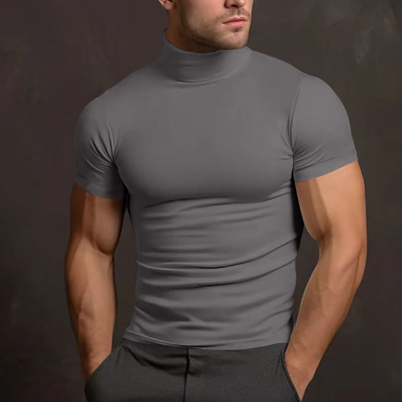 Summer Solid Color Short Sleeve Fashion Bottoming Shirt Men's Tight Turtleneck T-shirt