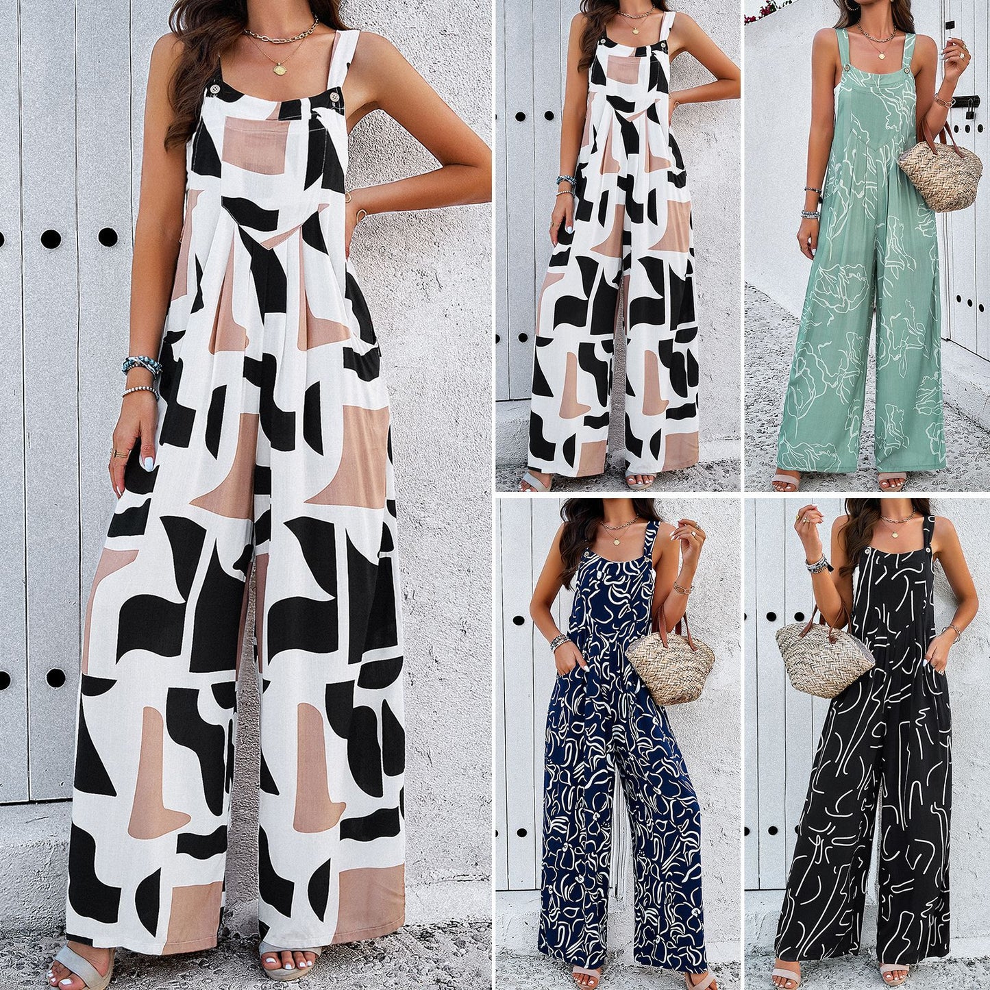 Fashion Print Square Neck Jumpsuit with Pockets Spring Collection