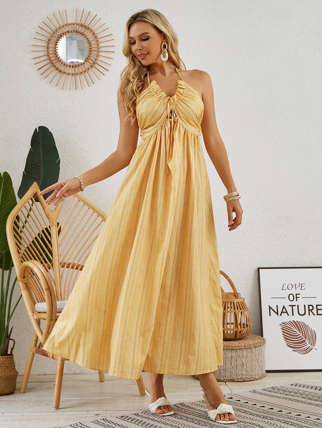 Bohemian Halter Maxi Dress - Women's Summer Sleeveless Flowy Beach Dress