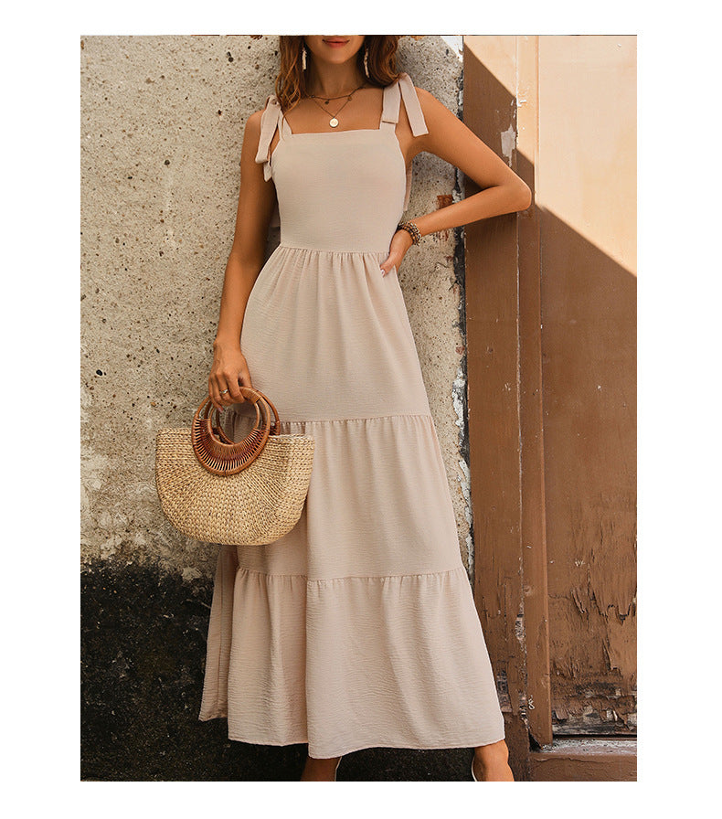 Women's Backless Solid Color Sling Dress