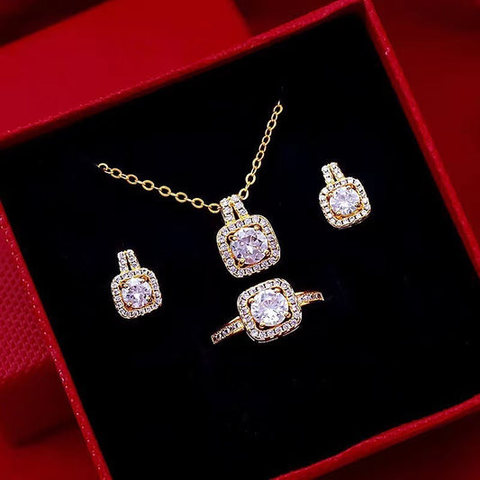 Fashion Zircon Gem Jewelry set. Pendant Chain Choker, Necklace, and Gold Color Stud Earrings.