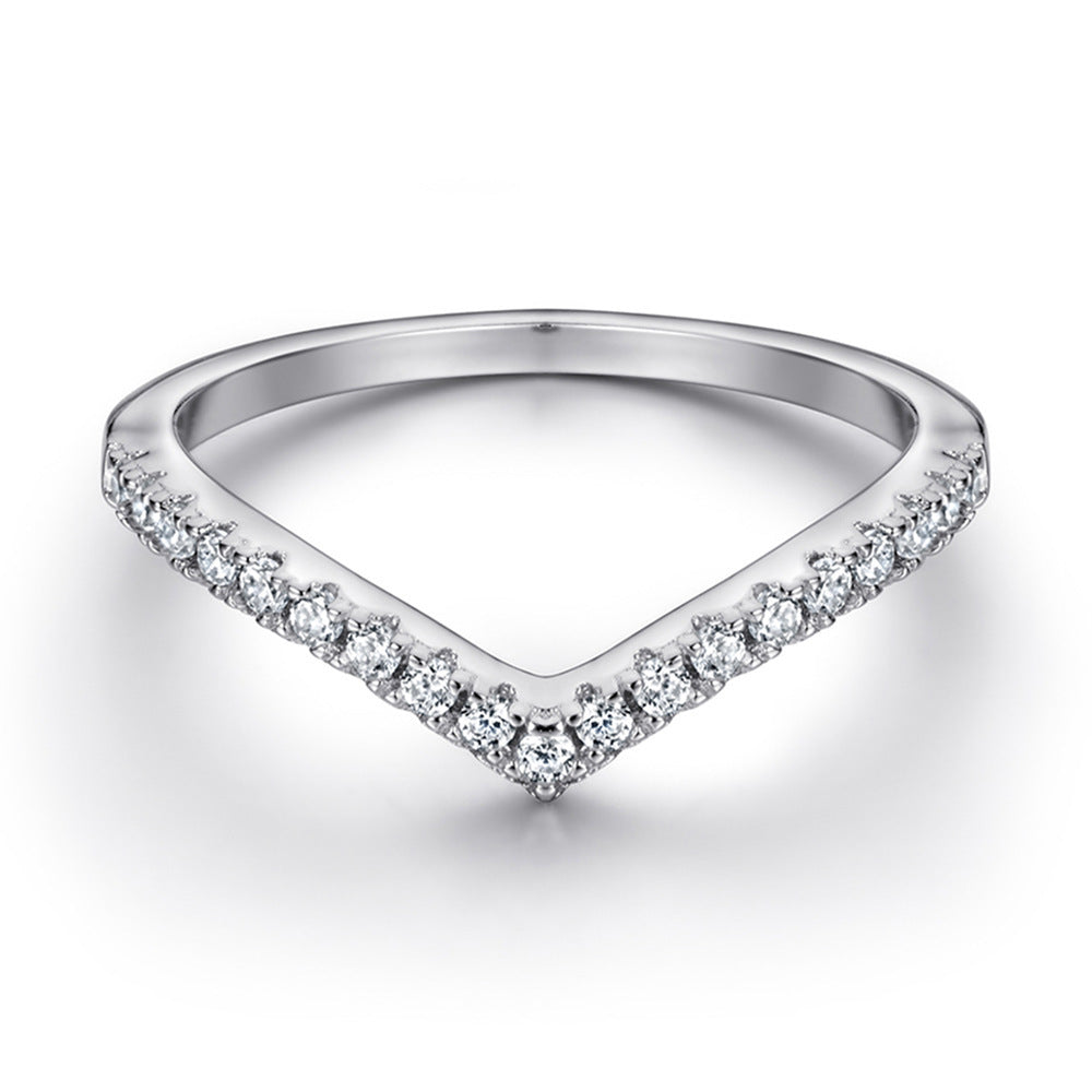 Silver Half-length Ring Row Diamond V Index Finger Ring