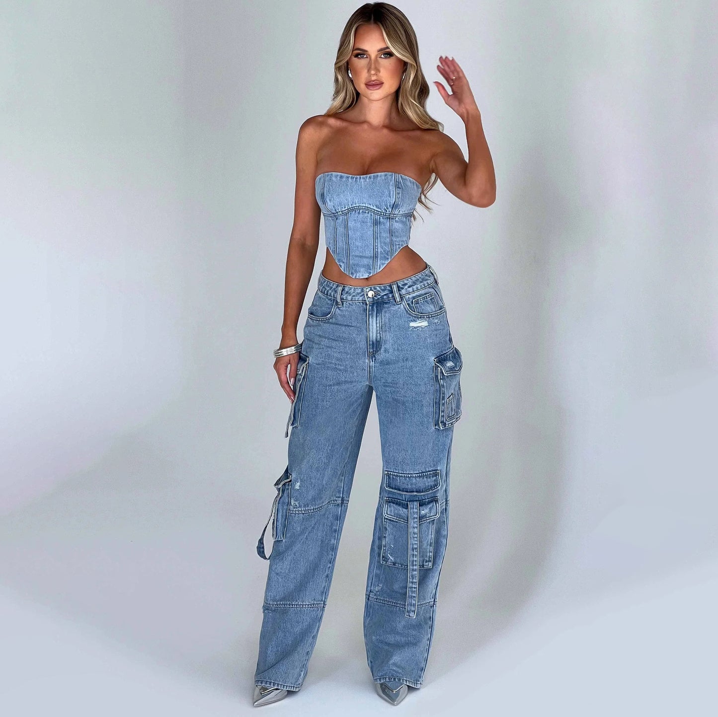 Women's Low Waist Three-dimensional Tube Top and Pocket Stitching Jeans