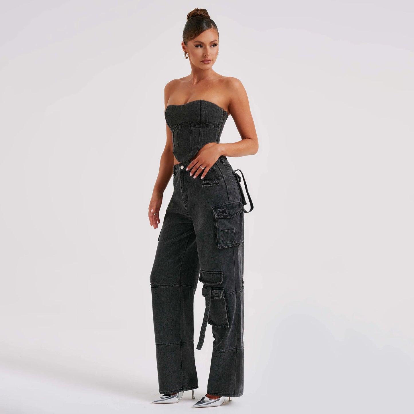 Women's Low Waist Three-dimensional Tube Top and Pocket Stitching Jeans