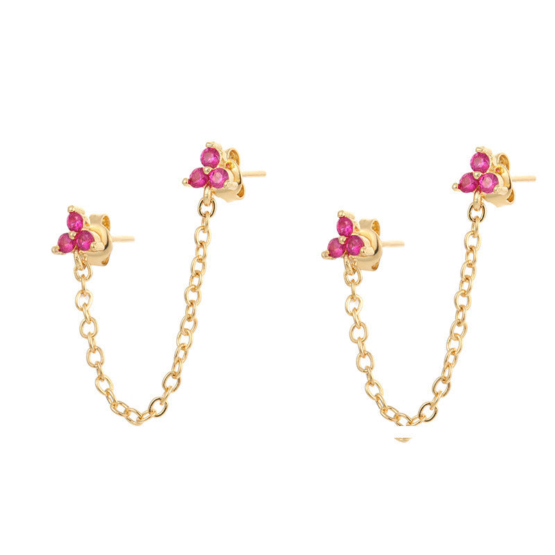 Zircon Flower One-piece Double Stud Earrings Chain Tassel