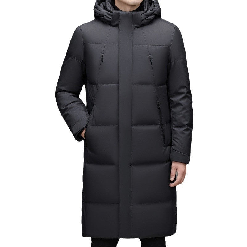 New Thick Warm White Duck Down Detachable Hat Men's Mid-length Down Jacket