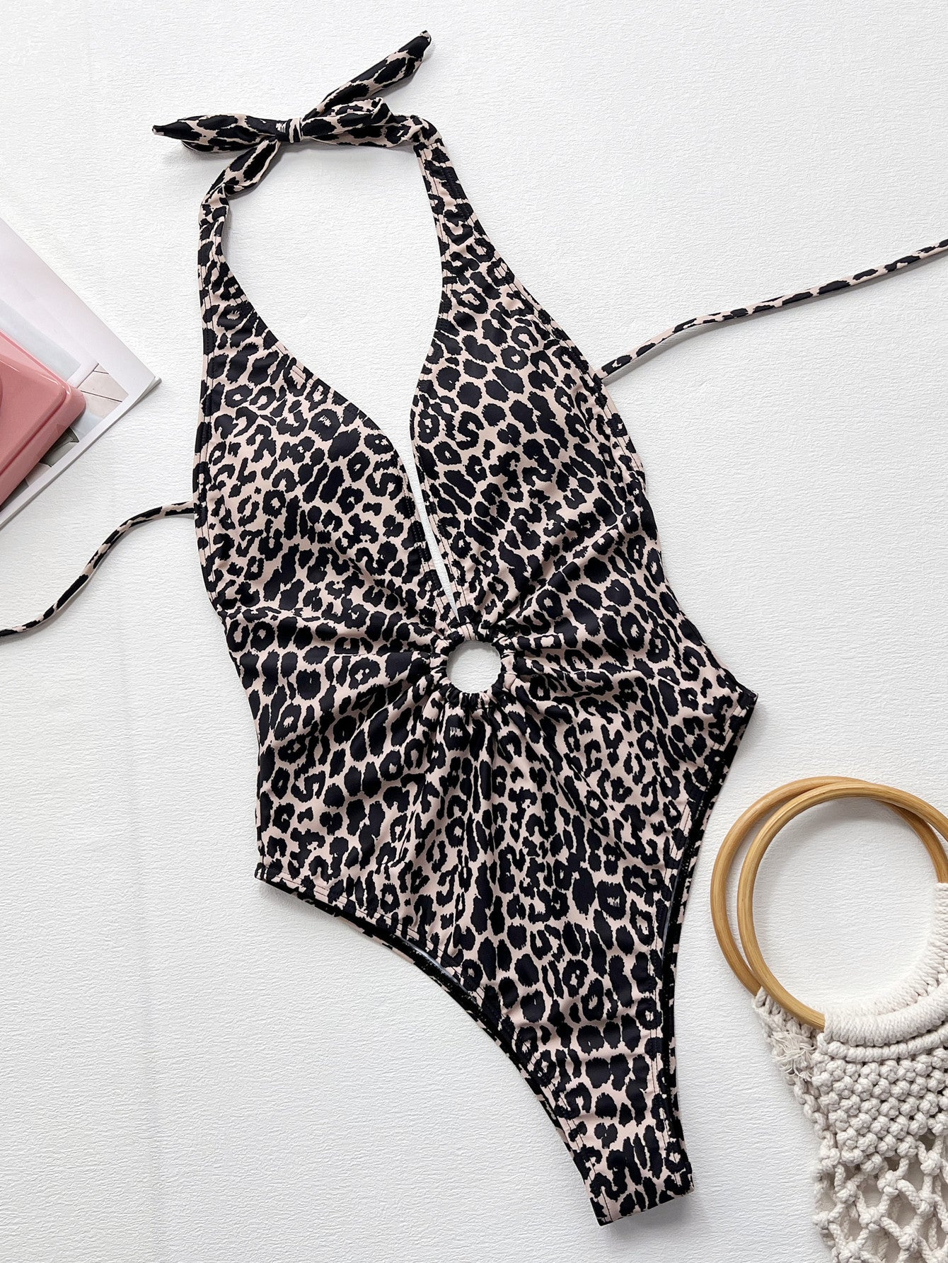 Leopard Hollow-out Ring Bikini One-piece Swimsuit