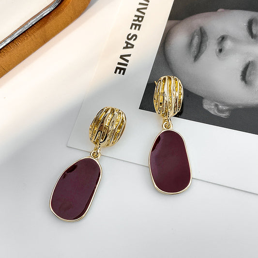 Burgundy Geometric Piece Unique Design Hong Kong Style Earrings