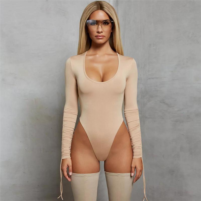 Tight U-neck Long Sleeve T-shirtSolid color round neck long sleeve bodysuit