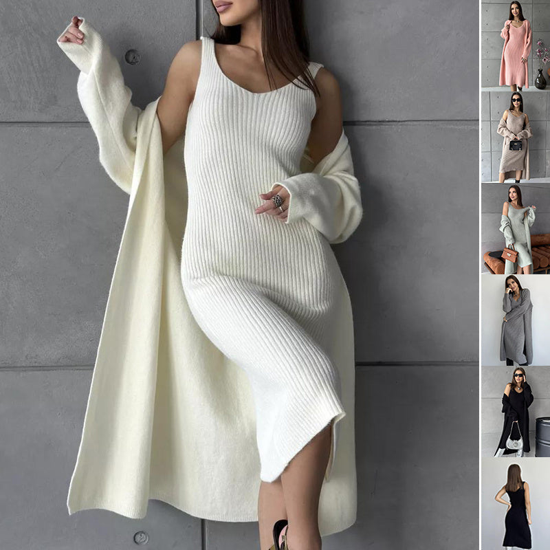 2pcs Knitted Suit Fashion Slim Sleeveless Long Cardigan Dress