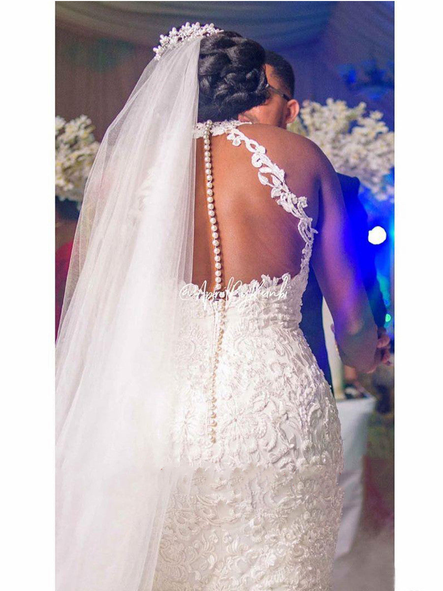 Vintage Lace Beaded Wedding Sheer Neck Dress