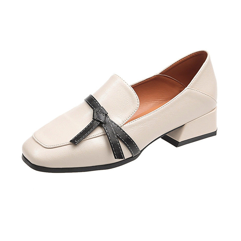 Thick heel square head bow single shoes