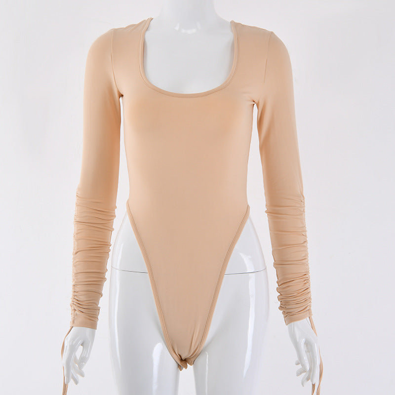 Tight U-neck Long Sleeve T-shirtSolid color round neck long sleeve bodysuit