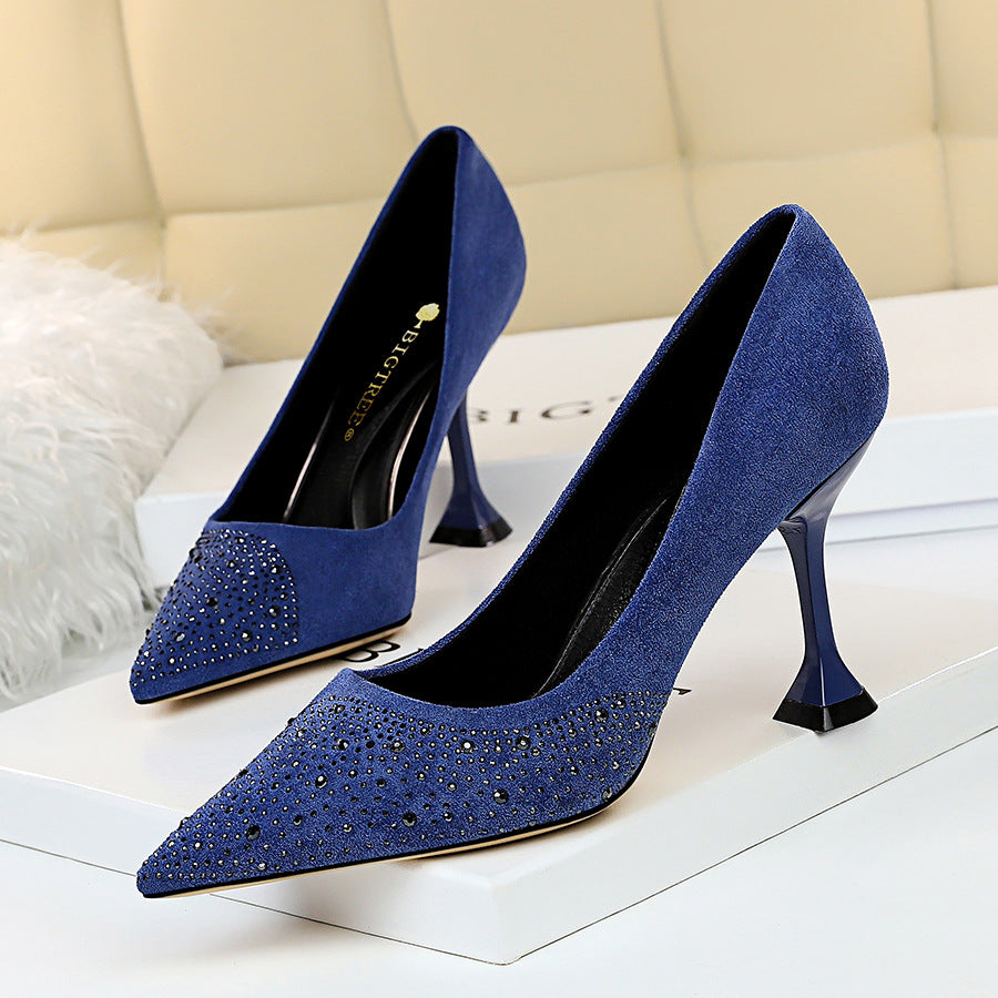 Thin High Heels Cat Heel Suede Shallow Pointed Toe Rhinestone High Heel Party Shoes