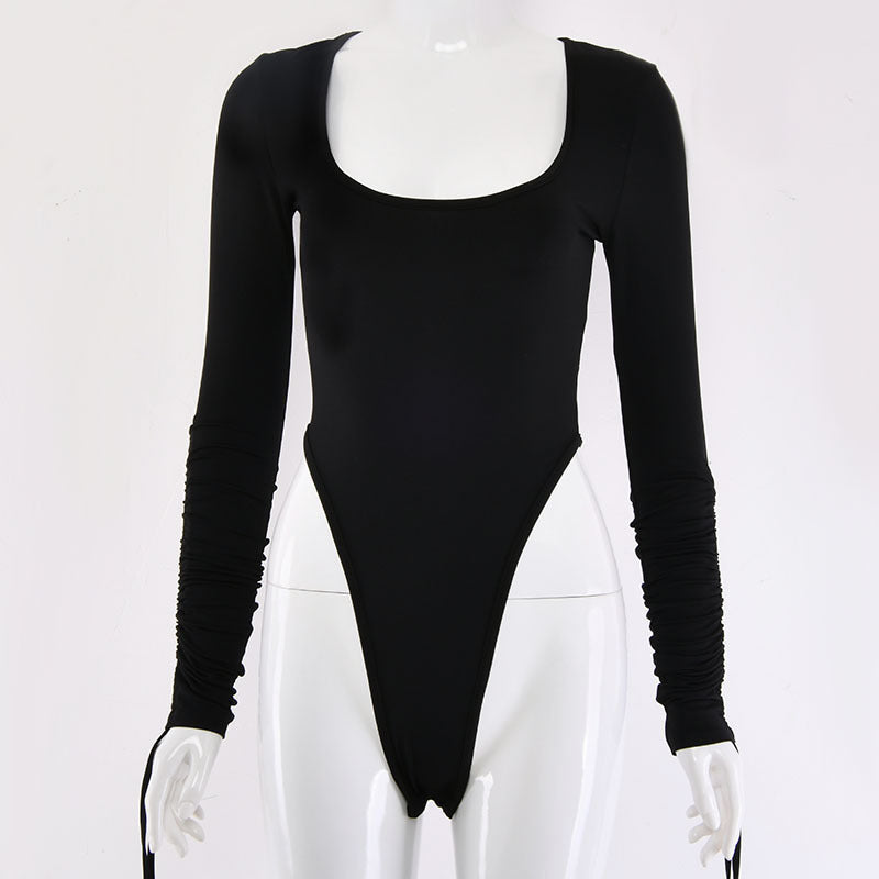 Tight U-neck Long Sleeve T-shirtSolid color round neck long sleeve bodysuit