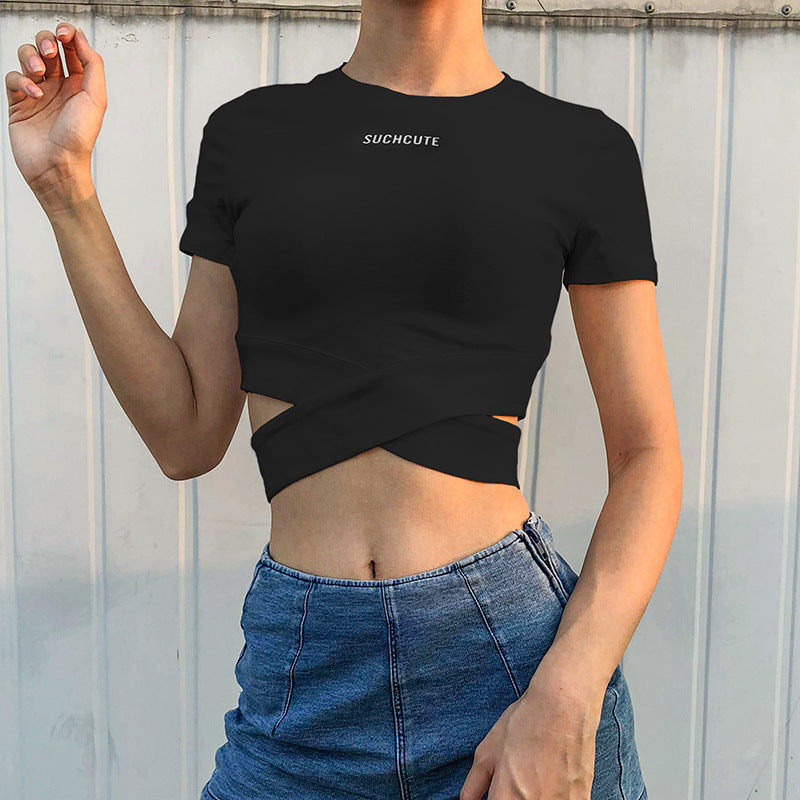 Cross straps exposed navel t-shirt women