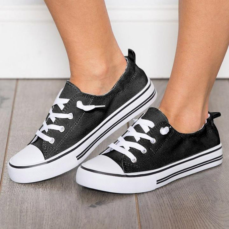 Shallow Flat Heel Lace-Up Canvas Sneakers