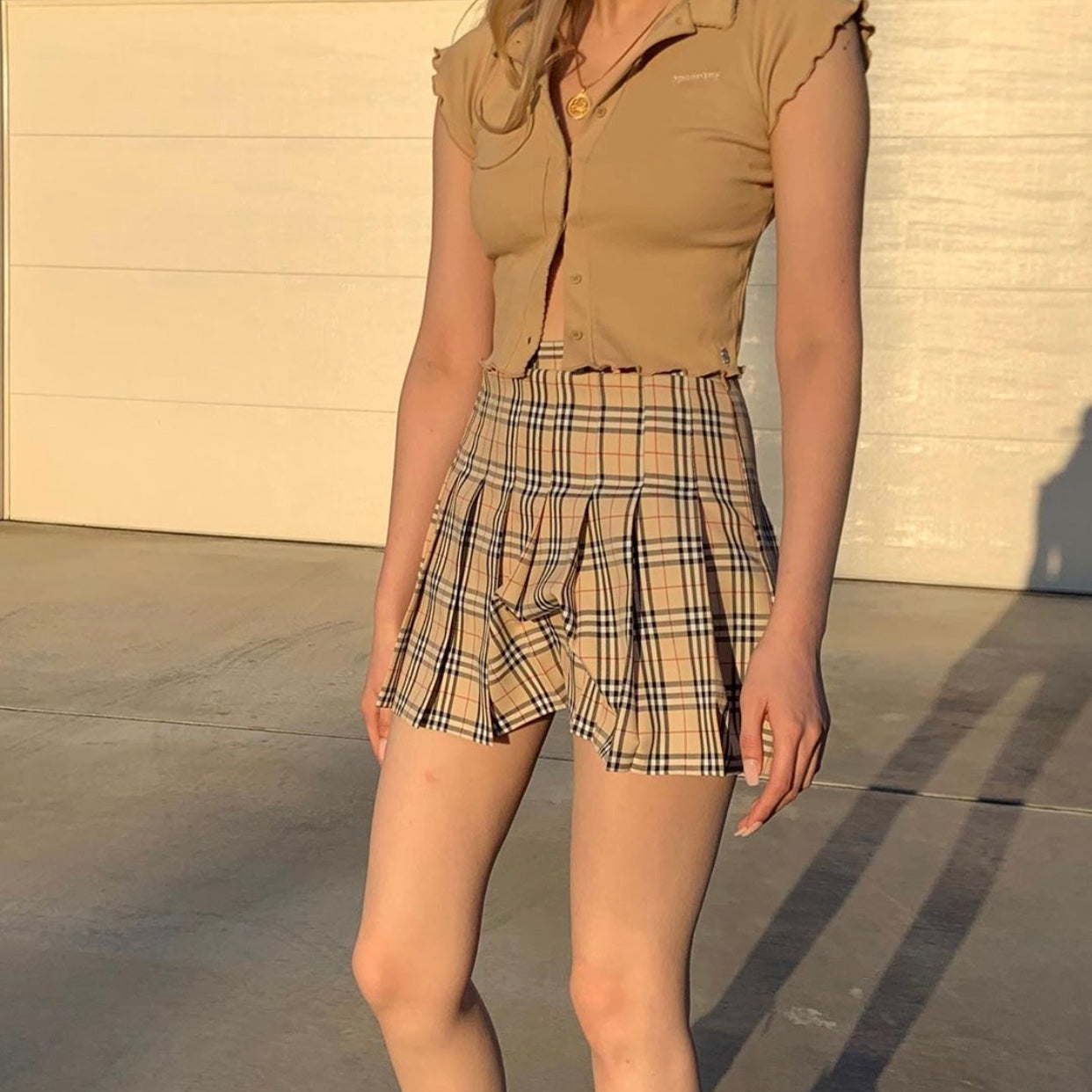 Retro Khaki Plaid Skirt Pleated Skirt