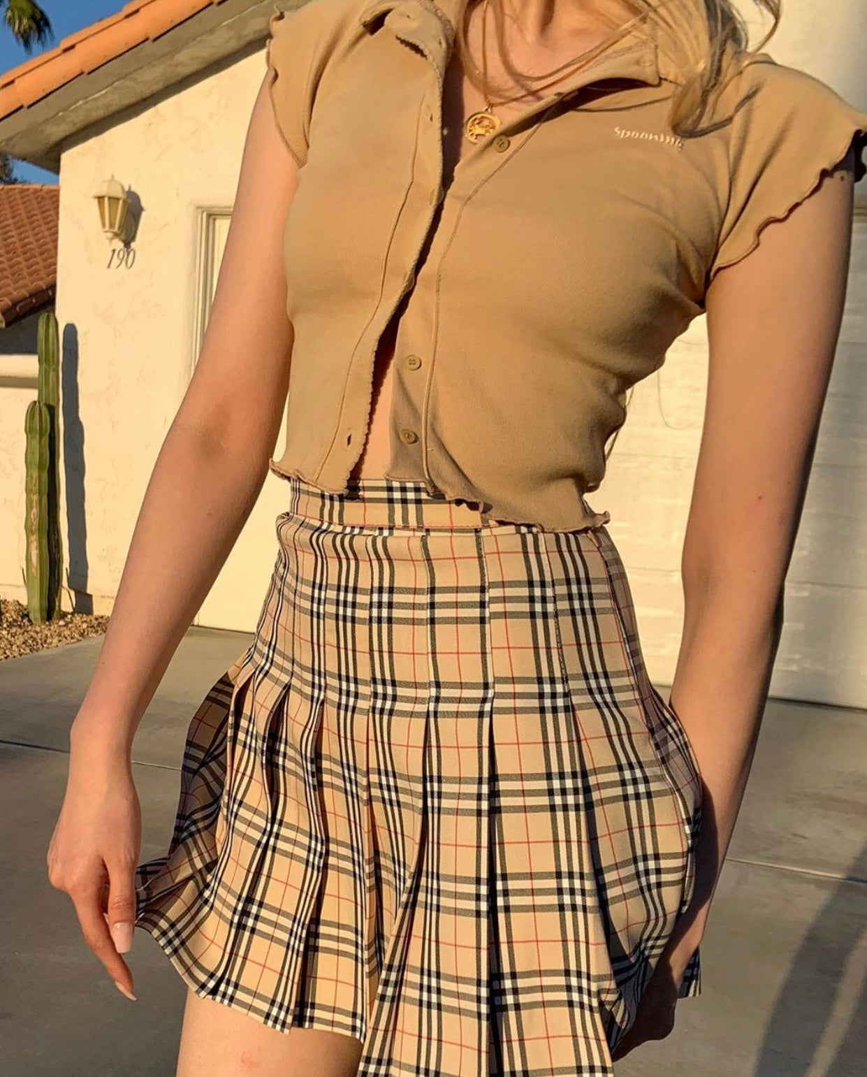 Retro Khaki Plaid Skirt Pleated Skirt