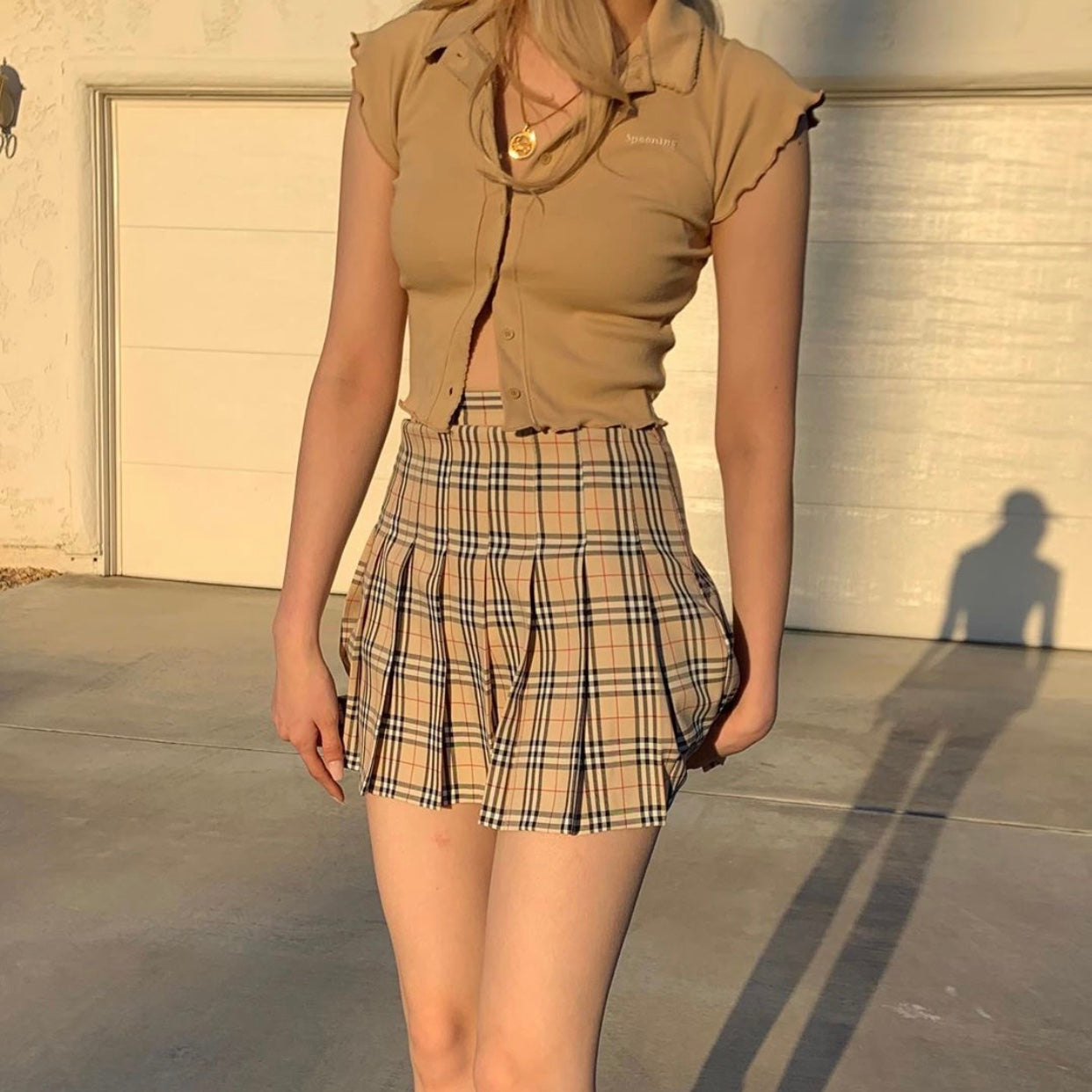 Retro Khaki Plaid Skirt Pleated Skirt