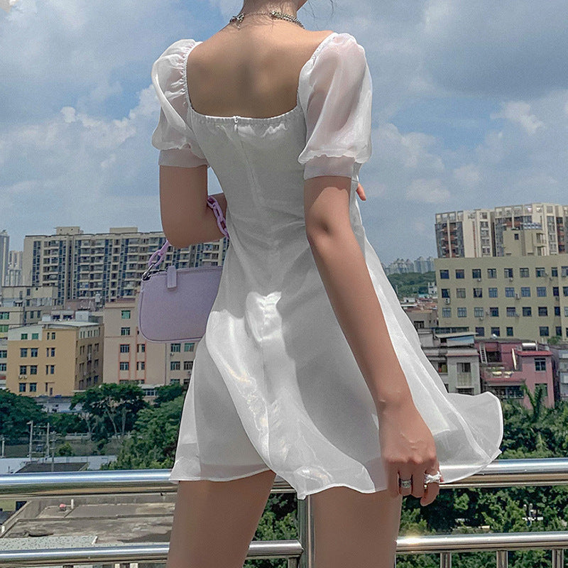 Mesh Puff Sleeve Slim One-Tower Dress Short Skirt