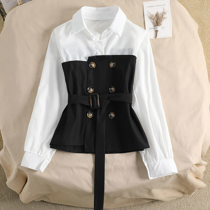 Women's Loose Spring Two-piece Blouse with Polo Collar and Vest