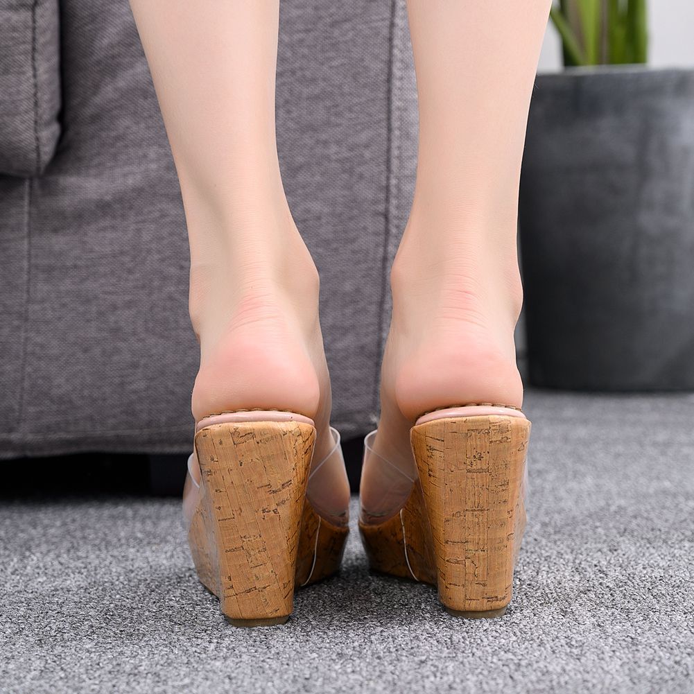 Transparent Nude Color Fish Mouth Sandals Round Toe Wedge Sandals Wedge Slippers