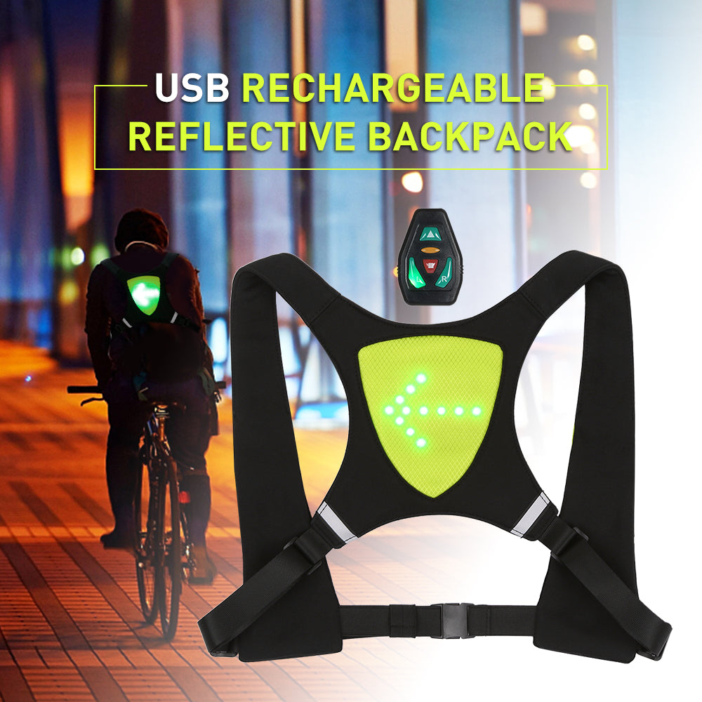 USB Rechargeable Reflective Vest Backpack with LED Turn Signal Light Remote Control Outdoor Sport Safety Bag Gear for Cycling