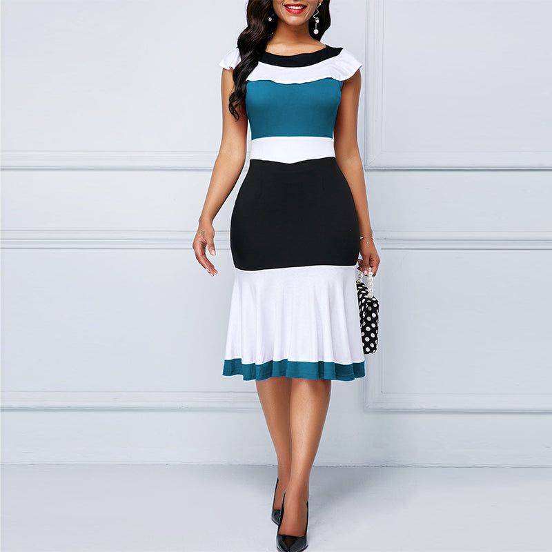 Sleeveless Ruffled Contrast Color Slim Commuter Dress