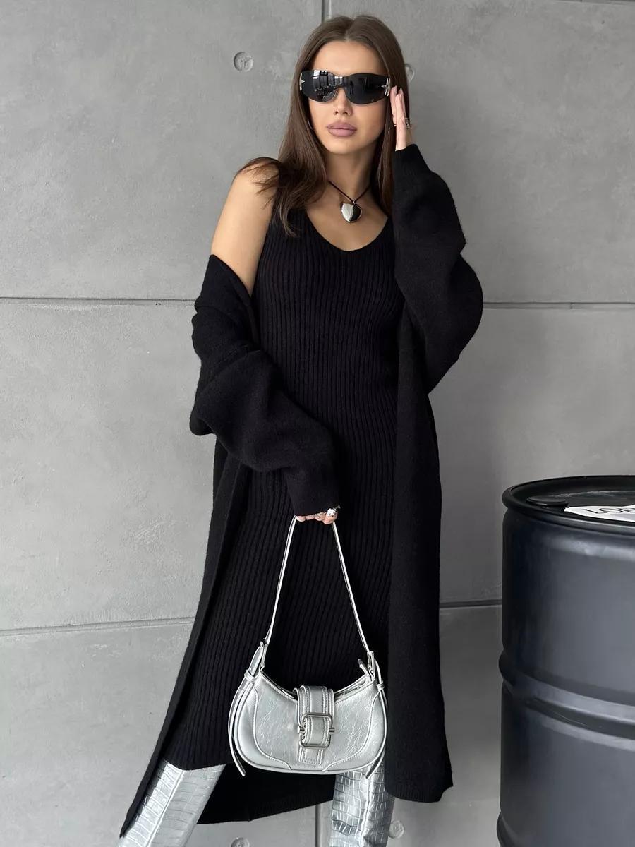 2pcs Knitted Suit Fashion Slim Sleeveless Long Cardigan Dress