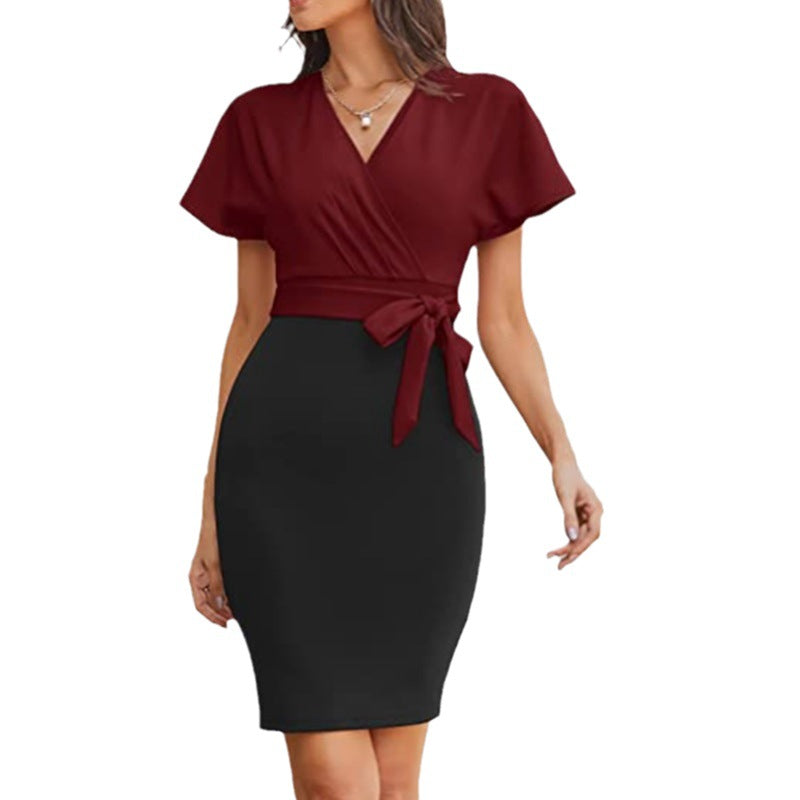 Women's Casual Dolman Sleeve Lace-up Contrast-color Dress