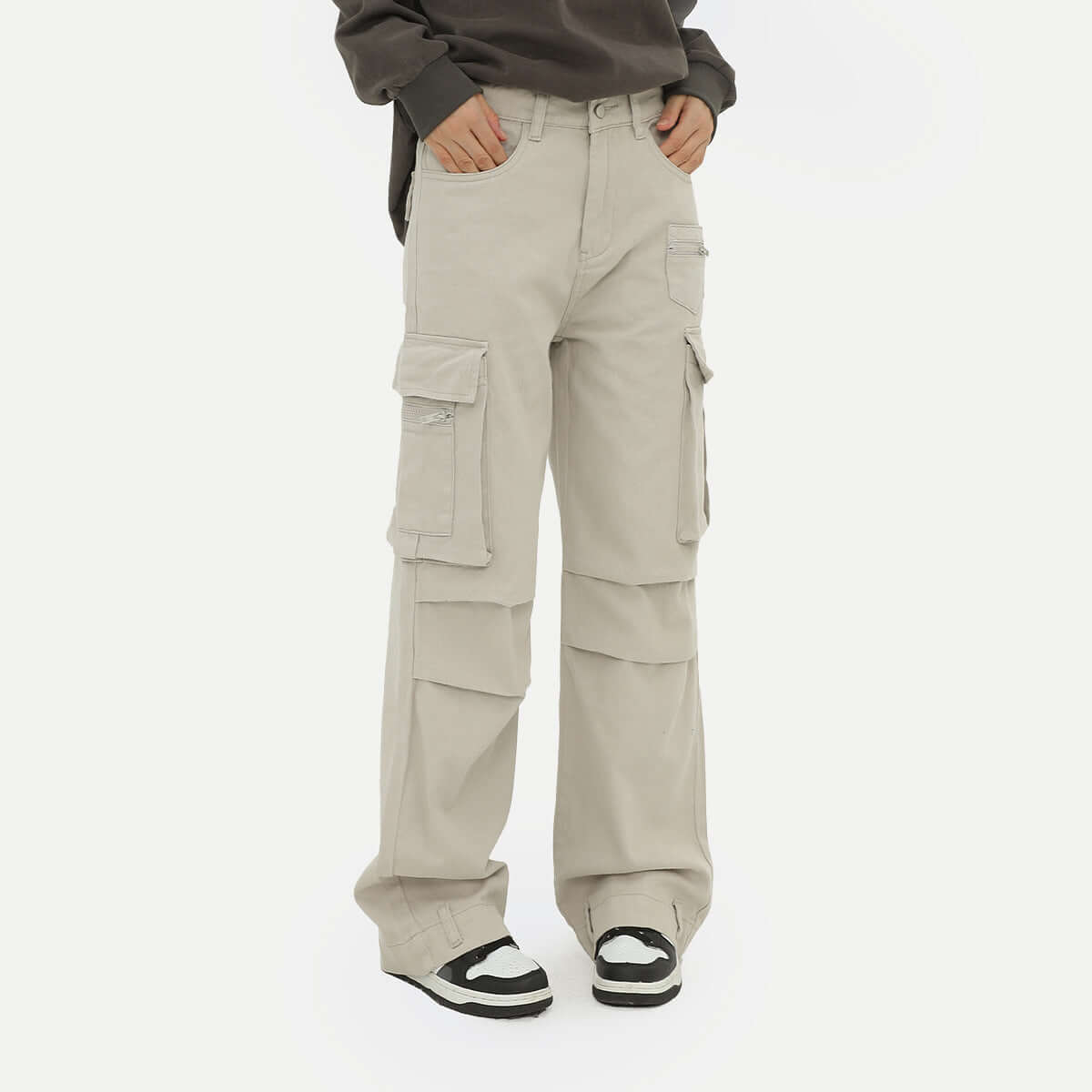 Retro Overalls Solid Color Straight Pleated Paratrooper Pants