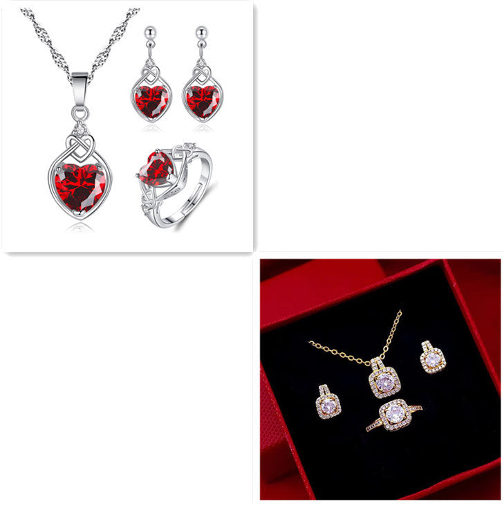 Fashion Zircon Gem Jewelry set. Pendant Chain Choker, Necklace, and Gold Color Stud Earrings.