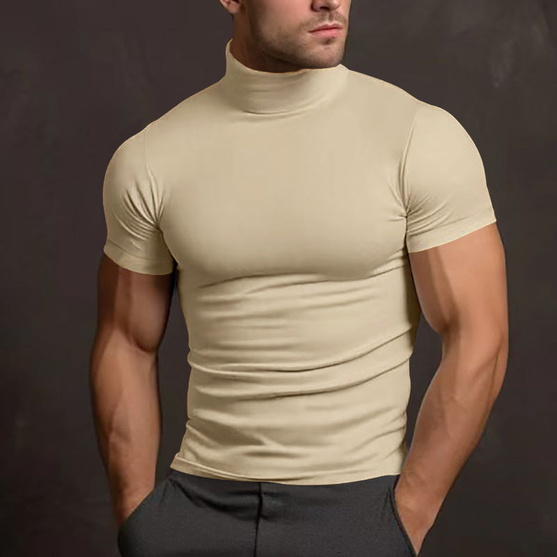 Summer Solid Color Short Sleeve Fashion Bottoming Shirt Men's Tight Turtleneck T-shirt