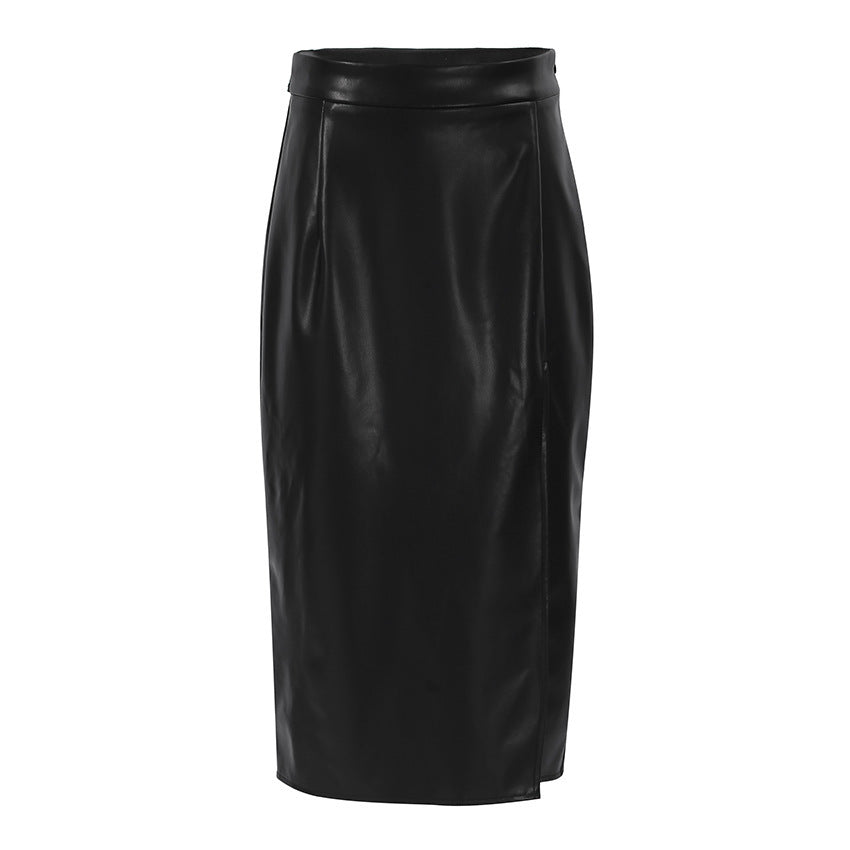 Slit Leather Sexy Mid Length Skirt High Waist Skirt