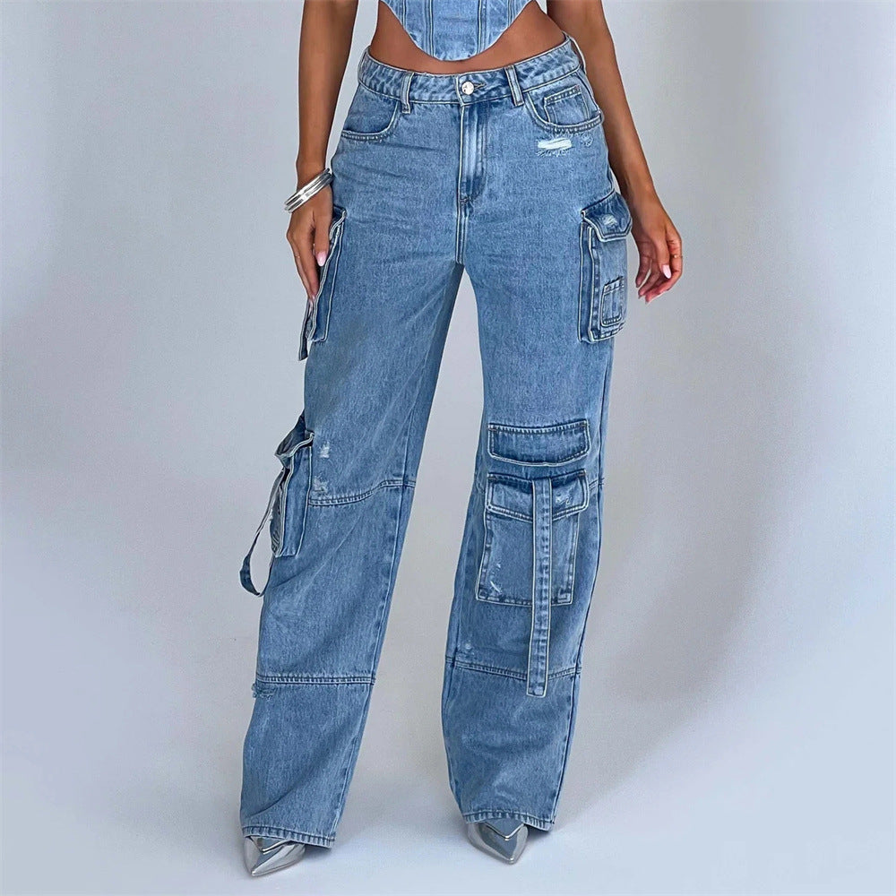 Women's Low Waist Three-dimensional Tube Top and Pocket Stitching Jeans